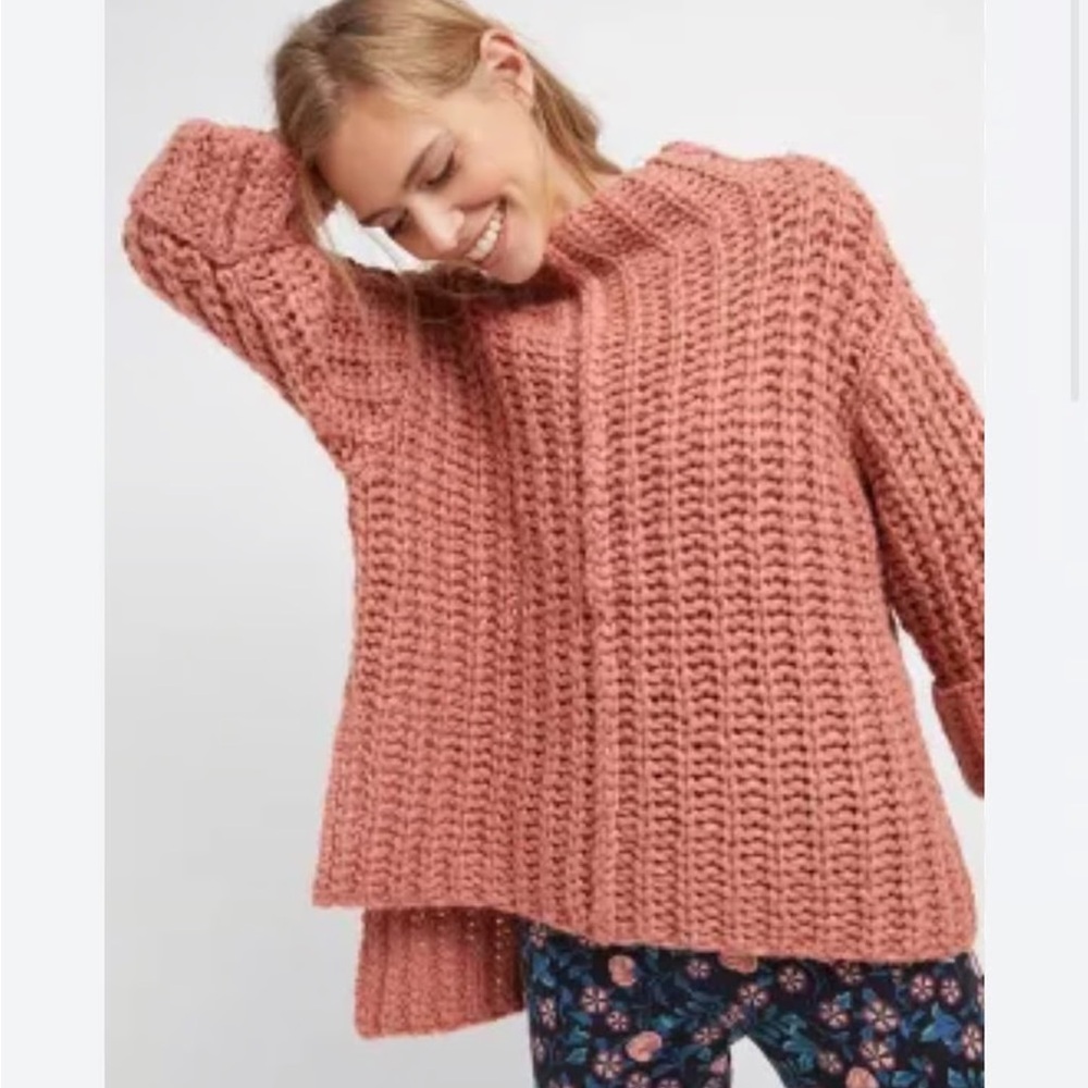 Anthropologie Chunky Knit pink mauve mock neck hi low Sweater
